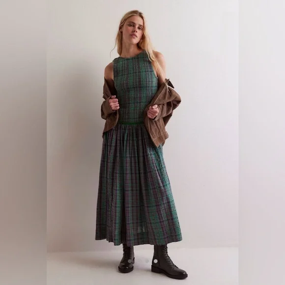 Free People Nightingale Plaid Maxi Dress L Green Purple Smocked Cottagecore - Picture 4 of 8
